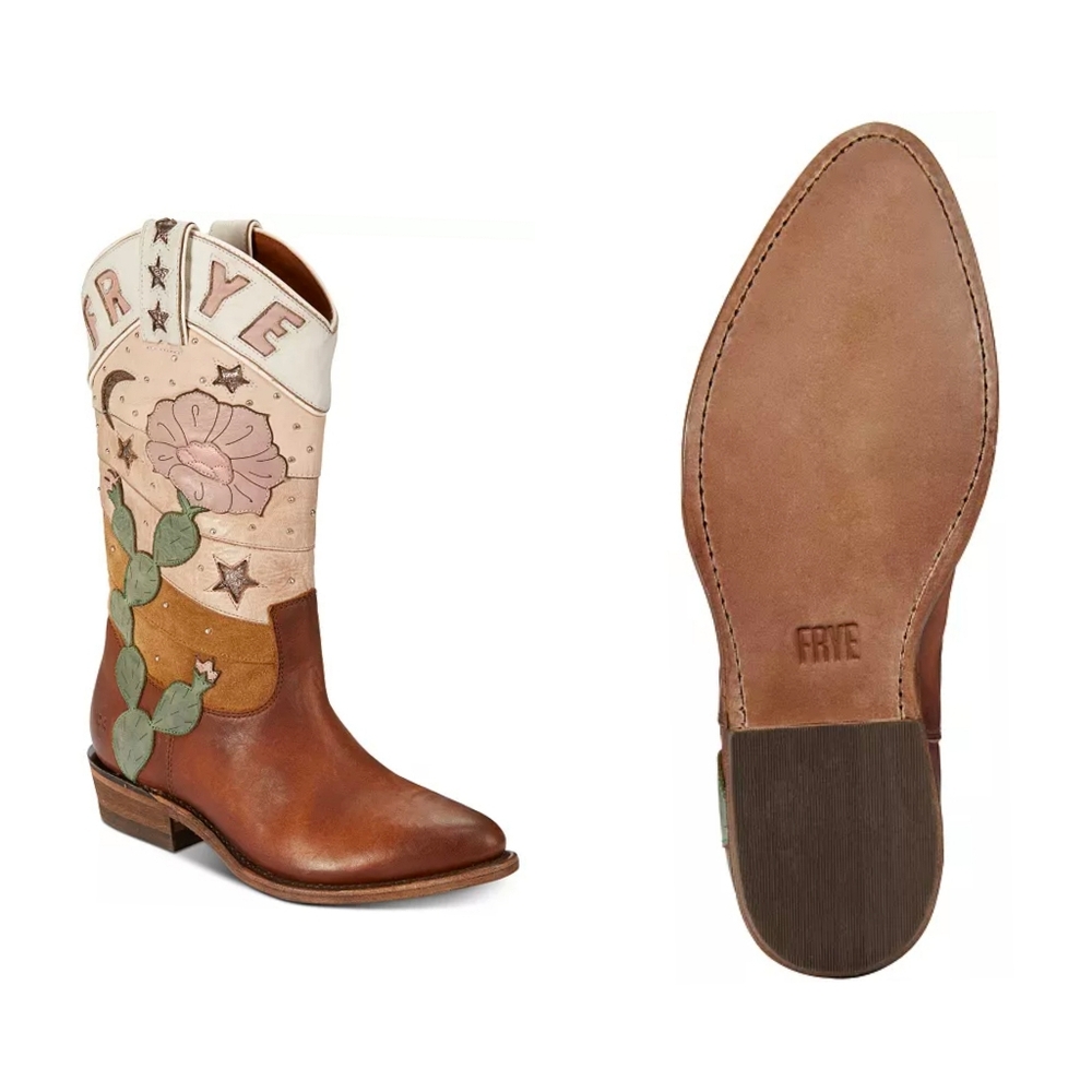 NWOB Frye Brown & Tan Western Cactus Embroidered Heeled Boots - Picture 3 of 12